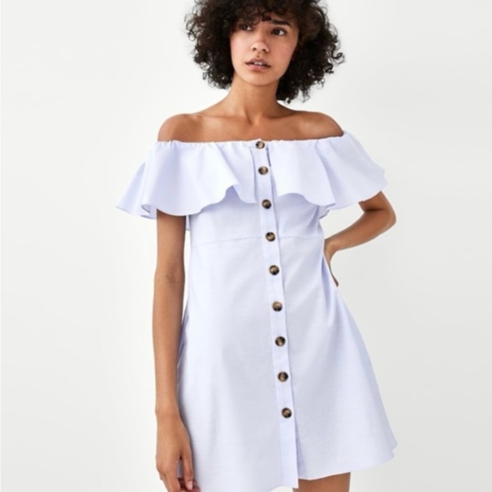 PERFECT CONDITION! Zara Ruffled Off The Shoulder Light Blue Dress Size XS